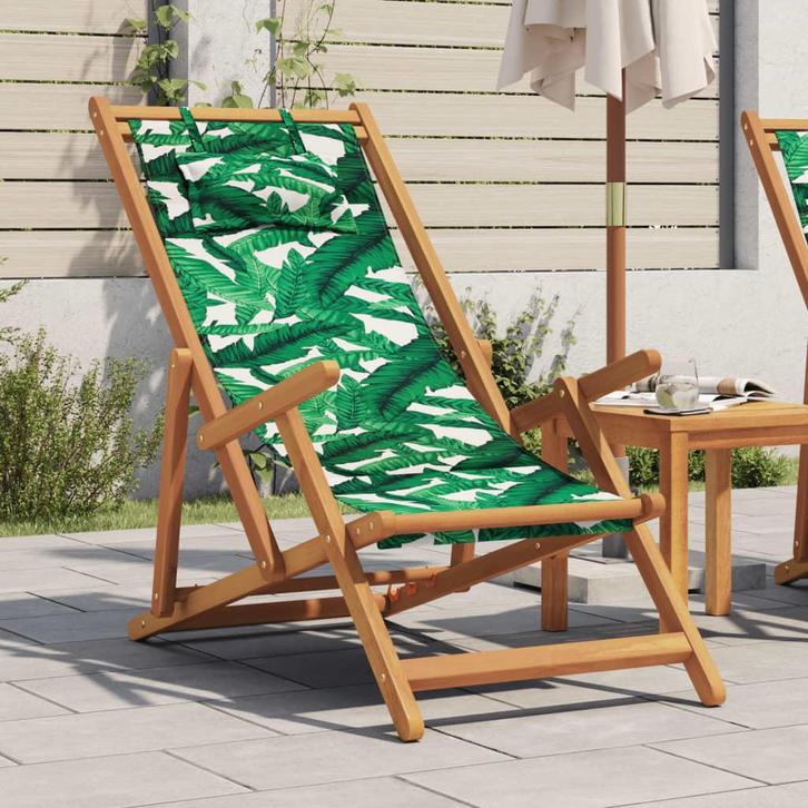 vidaXL Strandstoel inklapbaar bladpatroon eucalyptushout en, Tuin en Terras, Tuinstoelen, Nieuw, Verzenden