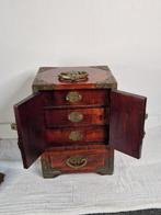 Kast - Mahonie, Messing, Textiel - miniatuur sieradenkastje, Antiek en Kunst