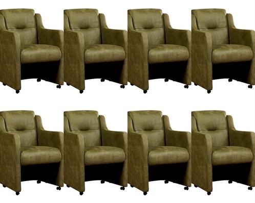 Set van 8 Olijfgroene leren landelijke eetkamerfauteuils -, Huis en Inrichting, Stoelen, Overige kleuren, Vijf, Zes of meer stoelen