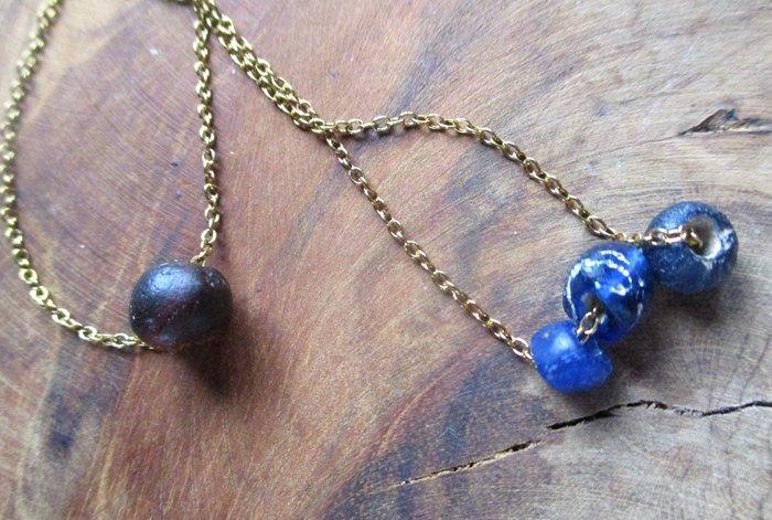 Oud-Romeins Glas Kettingset kobaltblauw + paarse kralen - 8, Antiquités & Art, Antiquités | Autres Antiquités