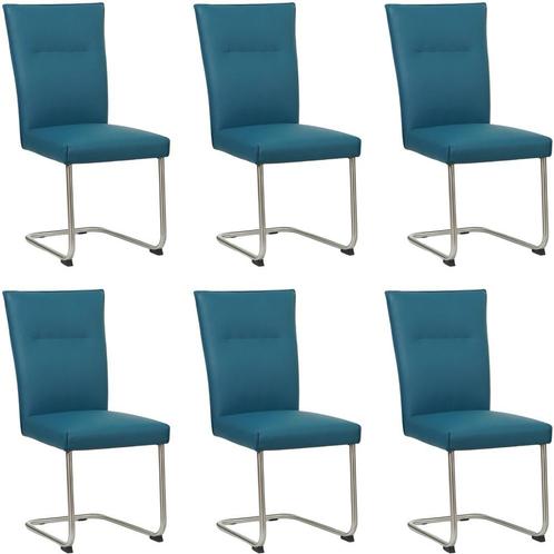 Set van 6 Blauwe leren   - poot rond inox - Toledo Leer, Huis en Inrichting, Stoelen, Overige kleuren, Vijf, Zes of meer stoelen