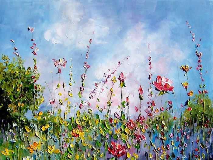 Renata Wojak (XX) - Kwiecisty raj, Antiquités & Art, Art | Peinture | Classique