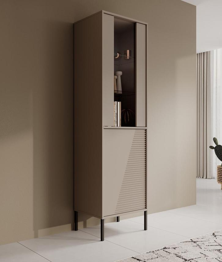 Meubella | Vitrinekast beige glazen opbergkast 55cm, Huis en Inrichting, Kasten | Vitrinekasten, 25 tot 50 cm, Nieuw, 50 tot 100 cm