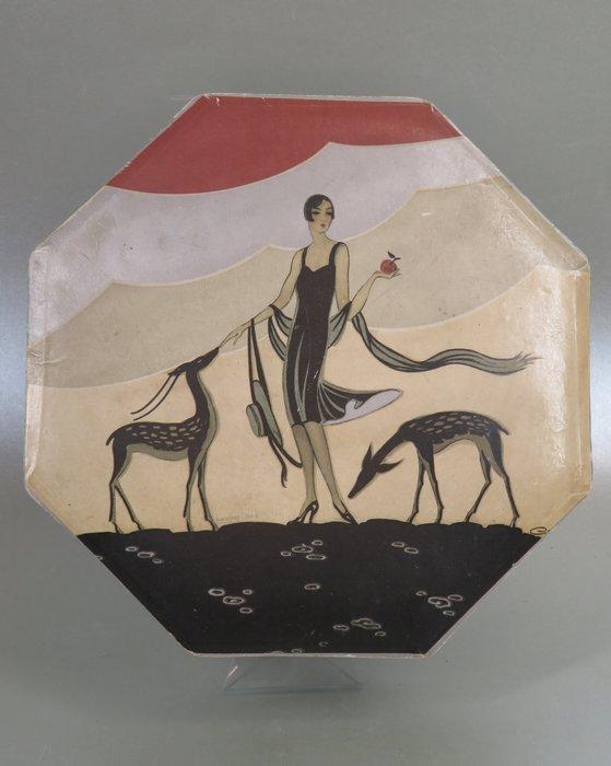 Octagon doos met dame & hertjes, Albessard Paris (Maison, Antiquités & Art, Art | Objets design