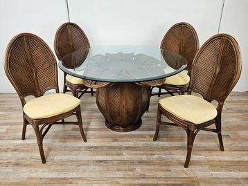 Zitgroep - Bamboe, Glas - Tafel en stoelen van rotan en