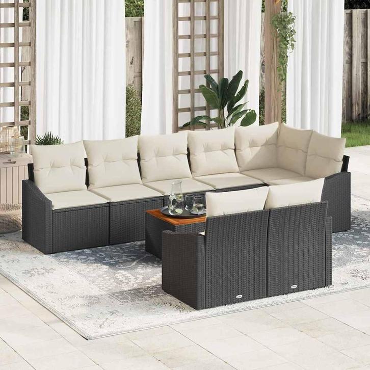 vidaXL Tuinbank Set met kussen 9 pcs Zwart Poly rattan, Tuin en Terras, Tuinsets en Loungesets, Nieuw, Verzenden