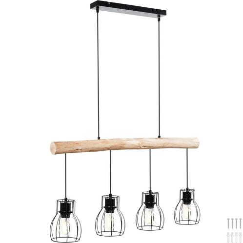 tectake Hanglamp Woody, 4-lichts, met houten balk, 40 W - zw, Huis en Inrichting, Lampen | Hanglampen, Verzenden