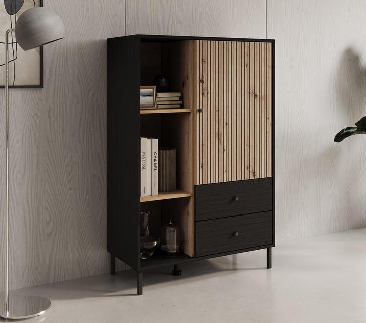 Meubella | Vitrinekast zwart eiken 87cm Opbergkast met lades, Huis en Inrichting, Kasten | Vitrinekasten, 25 tot 50 cm, Nieuw