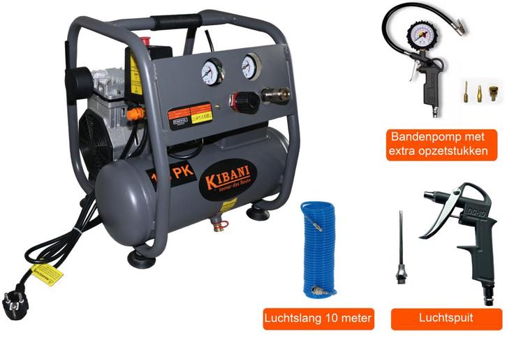 Kibani Super Stille Compressor 6 Liter + Luchtslang +, Doe-het-zelf en Bouw, Compressors, Nieuw