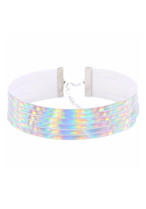 Choker Zilver Streepjes Iridescent Holografische Ketting Hal, Bijoux, Sacs & Beauté, Colliers, Enlèvement ou Envoi