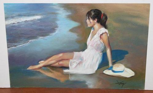 Domingo Alvarez Gomez (1942) - Chica en la orilla del mar, Antiek en Kunst, Kunst | Schilderijen | Klassiek