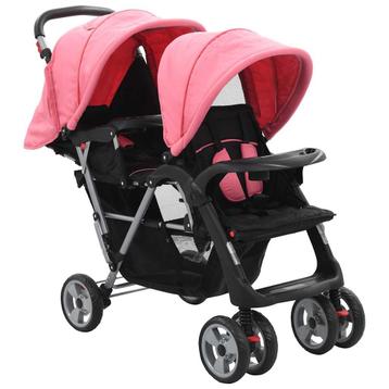 vidaXL Kinderwagen dubbel staal roze en zwart, Verzenden
