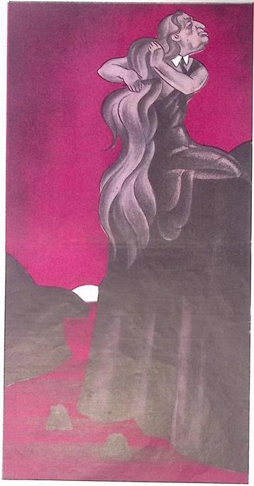 Een man verbeeld als de nimf van Loreley op spotprent beschikbaar voor biedingen