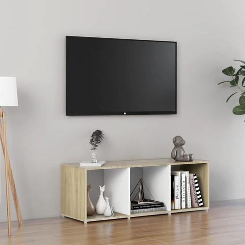 vidaXL Meuble TV blanc et chêne sonoma 107x35x37 cm bois, Maison & Meubles, Armoires | Mobilier de télévision, Neuf, Envoi