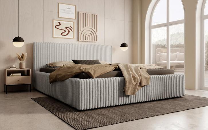Meubella | Tweepersoonsbed 160x200 grijs fluffy ribstof, Huis en Inrichting, Slaapkamer | Bedden, Nieuw, 160 cm, Verzenden