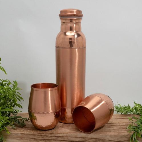 Puur koperen set van fles sequence gehamerd ± 950 ml met 2, Sport en Fitness, Gezondheidsproducten en Wellness, Ophalen of Verzenden