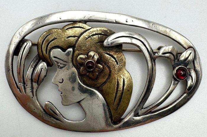 Zonder Minimumprijs - Broche Zilver Granaat - Handgemaakt, Handtassen en Accessoires, Antieke sieraden