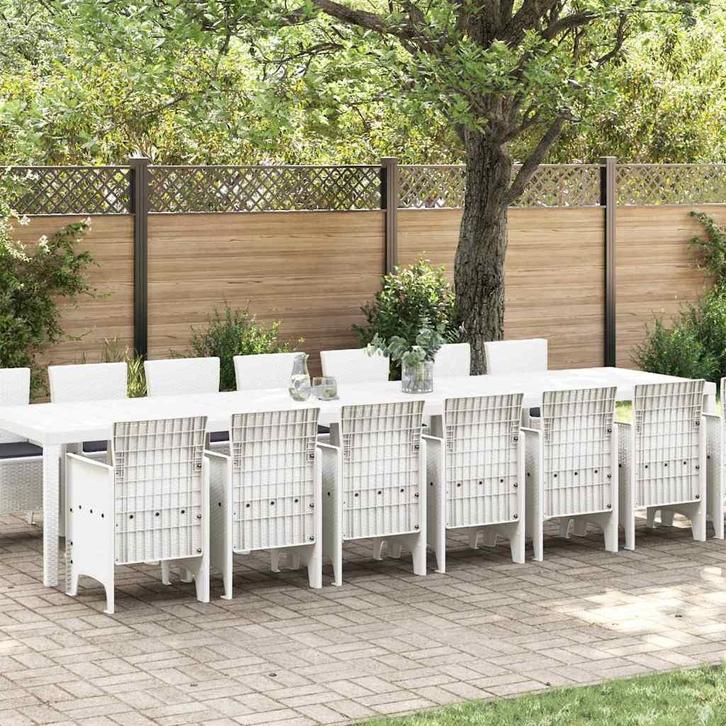 vidaXL Tuin Eettafel Set 15 pcs Wit Polt riet, Tuin en Terras, Tuinsets en Loungesets, Nieuw, Verzenden