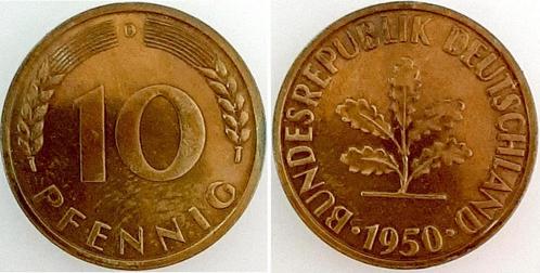 1950d Duitsland 10 Pfennig 1950 D Polierte Platte Bdl, Timbres & Monnaies, Monnaies | Europe | Monnaies non-euro, Envoi
