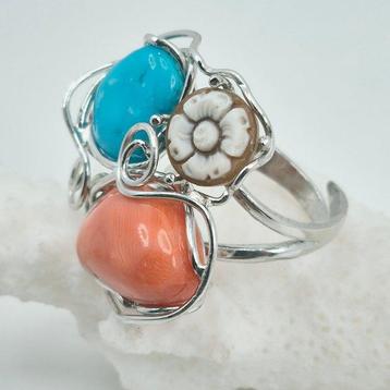Corail rouge - Argent - Bague - corail et turquoise