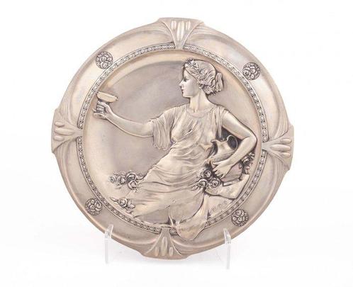 Art Nouveau wall plate - Assiette murale - Laiton argenté -, Antiek en Kunst, Kunst | Designobjecten