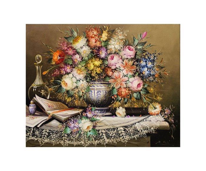 Roberto Michell (1944) - XL FORMAT - Floral still life with, Antiek en Kunst, Kunst | Schilderijen | Klassiek