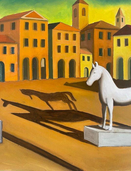 Tolomelli Cesare - Statua e cavallo nella piazza medievale, Antiek en Kunst, Kunst | Schilderijen | Modern