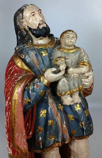 sculptuur, Carved Polychrome Wooden Statue of Saint Joseph