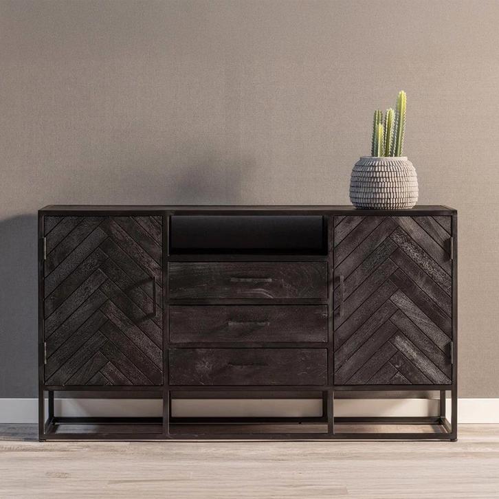 Dressoir Mangohout Kjeld 145 Zwart, Huis en Inrichting, Kasten | Dressoirs, Nieuw, Overige houtsoorten, Verzenden