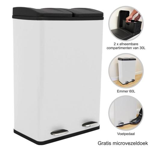 Dubbele Pedaalemmer 60 L - Wit, Maison & Meubles, Accessoires pour la Maison | Poubelles, Envoi