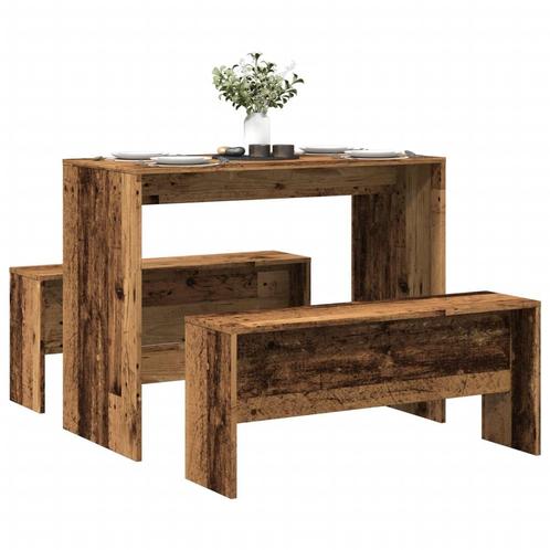 vidaXL 3-delige Eettafel en bankenset bewerkt hout oud, Huis en Inrichting, Complete eetkamers, Nieuw, Verzenden