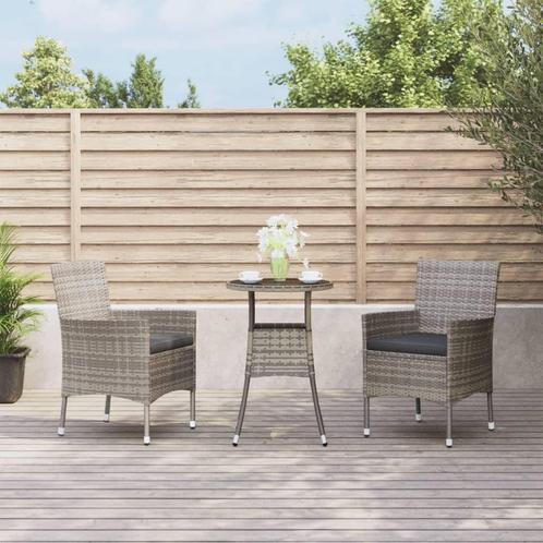 vidaXL 3-delige Bistroset met kussens poly rattan grijs, Tuin en Terras, Tuinsets en Loungesets, Nieuw, Verzenden