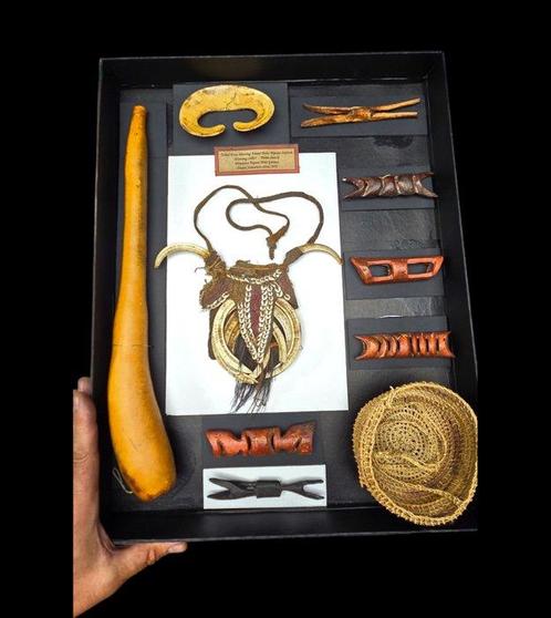 Présentation du souvenir de voyage Asmat avec 7 décorations, Antiek en Kunst, Kunst | Niet-Westerse kunst
