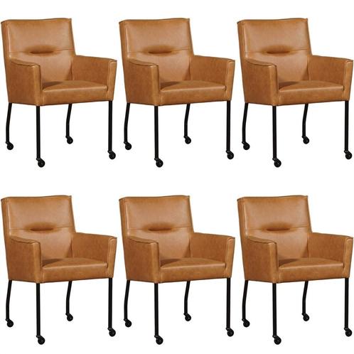 Set van 6 Cognac leren moderne eetkamerstoelen - Vintage, Huis en Inrichting, Stoelen, Overige kleuren, Vijf, Zes of meer stoelen