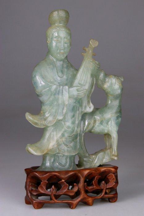 Kwanyin en Jade Jadeite et socle en Bois de rose - Jade,, Antiek en Kunst, Antiek | Overige Antiek
