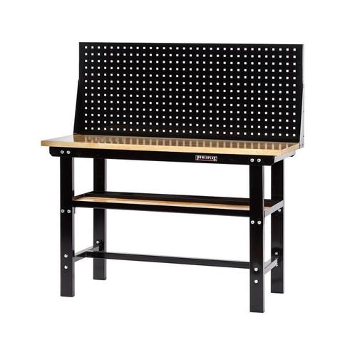 Werkbank zwart 150 cm met hardhouten blad + gereedschapsbord, Doe-het-zelf en Bouw, Werkbanken, Ophalen of Verzenden