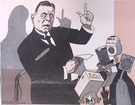 Spotprent over regeringscuratele op hetgeen uitgezonden m..., Antiek en Kunst, Kunst | Litho's en Zeefdrukken, Verzenden