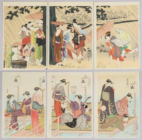 Ukiyo-e Reprint Triptychs – Taking Shelter Beneath a Large, Antiek en Kunst, Antiek | Overige Antiek