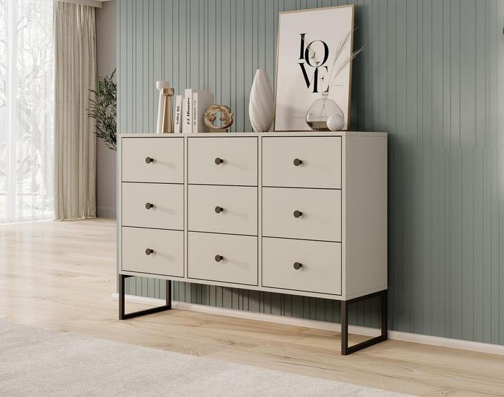 Meubella Ladekast beige 115 cm - Dressoir 9 lades, Huis en Inrichting, Kasten | Overige, Nieuw, Verzenden