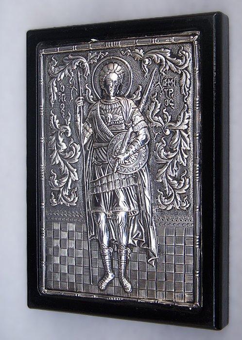 Icoon - Demetrius van Thessaloniki - .950 zilver, Antiek en Kunst, Antiek | Zilver en Goud