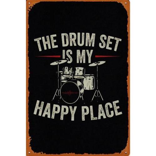 Wandbord reclamebord schild Drumset Happy Place bord, Verzamelen, Retro, Huis en Inrichting, Verzenden