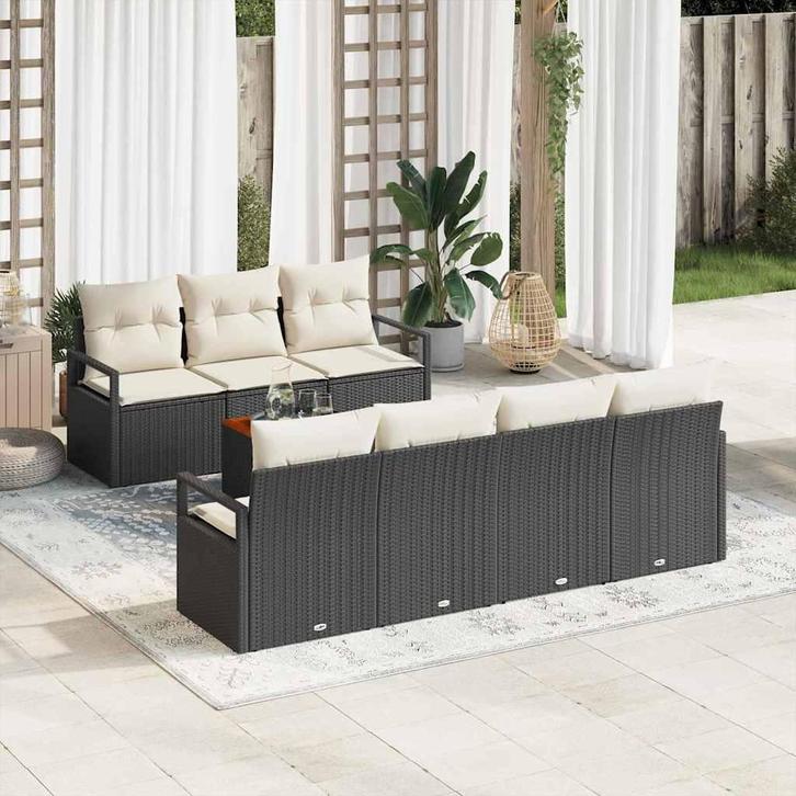 vidaXL Tuinbank Set met kussen 8 pcs Zwart Poly rattan, Tuin en Terras, Tuinsets en Loungesets, Nieuw, Verzenden