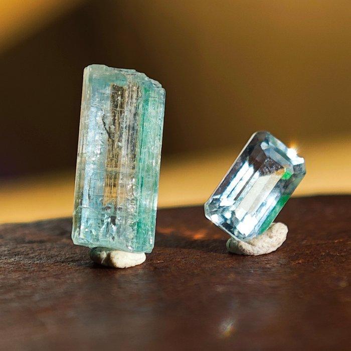1,4 ct Glasklare aquamarijn set, ruw + gefacetteerde steen-, Verzamelen, Mineralen en Fossielen