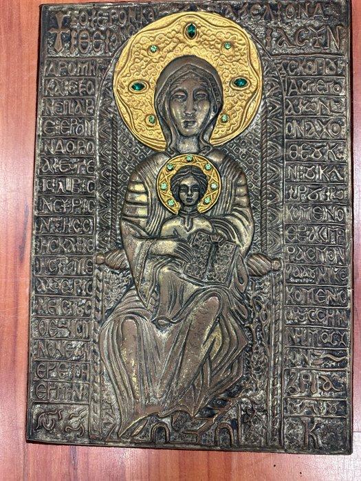 Icoon - Moeder Gods - Koper, Hout - 29 × 40 cm, Antiek en Kunst, Antiek | Boeken en Manuscripten