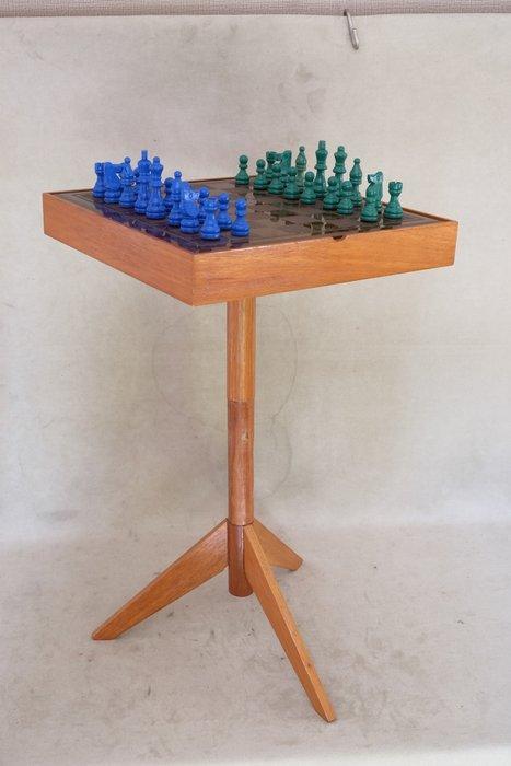 Schaaktafel - Glas, Hout - Vintage houten schaaktafeltje met, Antiek en Kunst, Kunst | Designobjecten