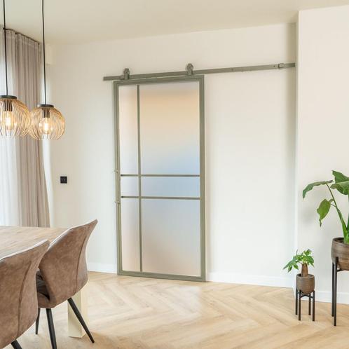Stalen Schuifdeur 6 Vlaks Olijfgroen Mat glas Luxe design, Doe-het-zelf en Bouw, Raamkozijnen en Schuifdeuren, Inclusief glas
