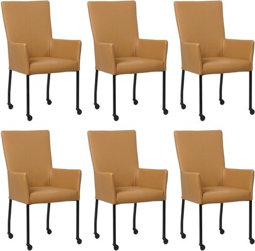 Set van 6 Bruine leren moderne eetkamerstoelen - met, Huis en Inrichting, Stoelen, Overige kleuren, Vijf, Zes of meer stoelen