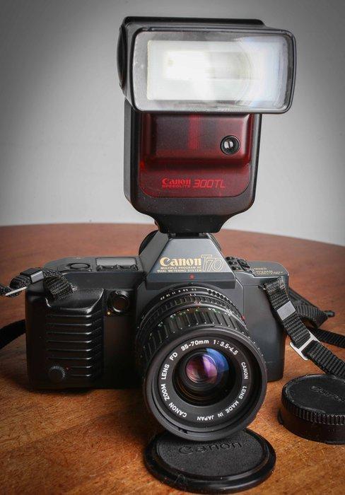 Canon T70  + FD 3,5-4,5/35-70mm + Flash 300 TTL Single lens, Audio, Tv en Foto, Fotocamera's Analoog