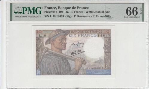 1942 France P 99b 10 Francs Pmg 66 Epq, Postzegels en Munten, Bankbiljetten | Europa | Niet-Eurobiljetten, België, Verzenden