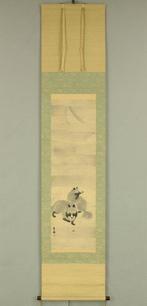 Two Raccoon Dogs and Autumn insects under Crescent Moon with